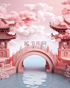 国潮C4D粉色浪漫桥段背景