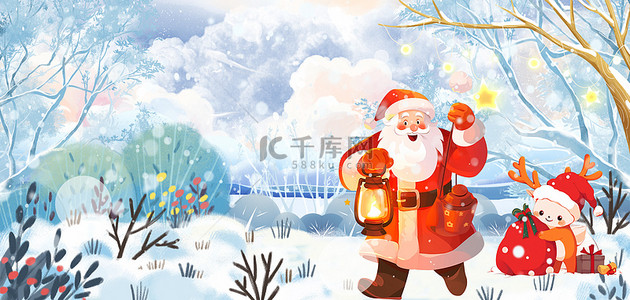 简约树林背景图片_圣诞节圣诞老人蓝色简约唯美简洁清新圣诞节