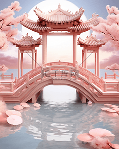国潮桃花背景图片_国潮C4D粉色浪漫桥段背景