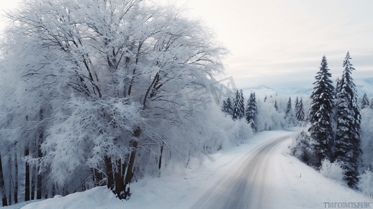 冬日树林道路雪景