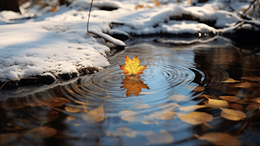 冬日水中漂浮的落叶