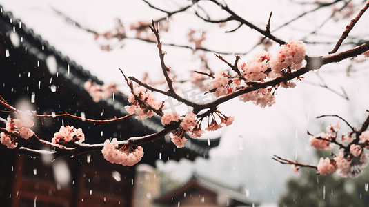 飘雪摄影照片_冬季古建筑背景梅花