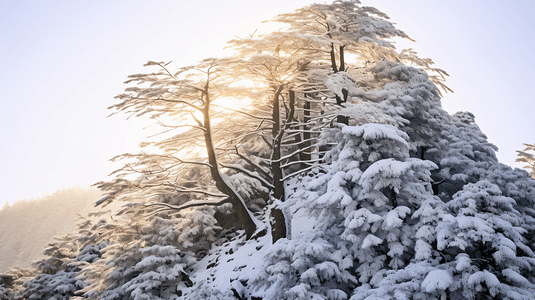 冬日冰雪覆盖的山林树木