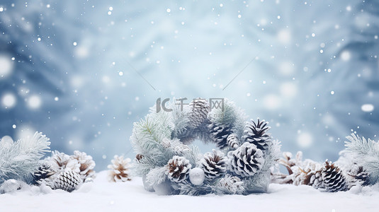 霜冻背景图片_雪花圣诞花环霜冻松果10