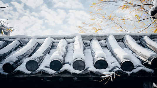 冬天冰雪覆盖的屋顶