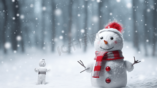 冬季圣诞节雪地中的小雪人