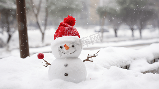蓝帽子雪人摄影照片_冬季雪地中的小雪人