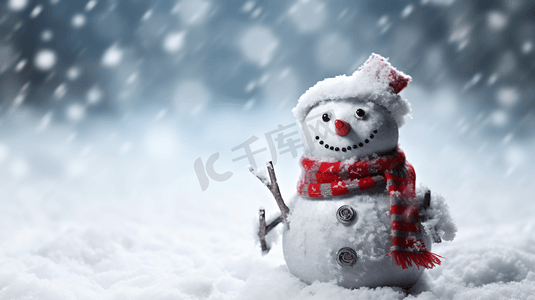 小雪人摄影照片_冬季圣诞节雪地中的小雪人