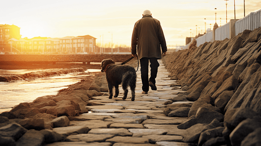 夕阳下散步的老人和狗狗