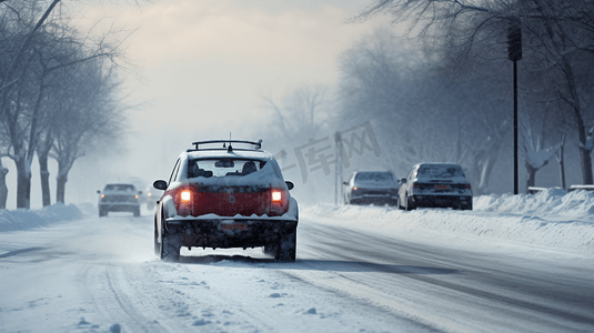 冬日泡脚摄影照片_冬日雪天行驶的车辆