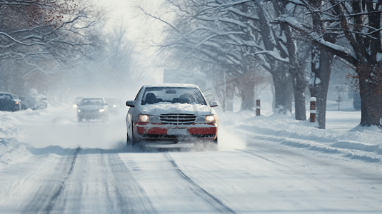 雪天摄影照片_冬日雪天行驶的车辆