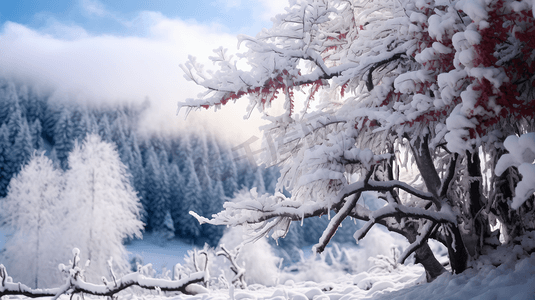 冬日冰雪覆盖的山林树木