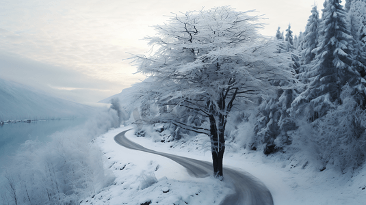 冬日树林道路雪景