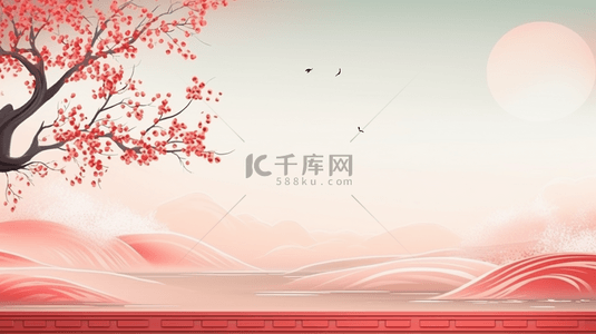中国山水古建筑春节装饰边框背景4