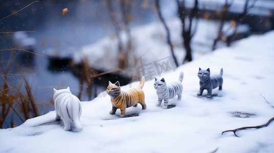 雪中排列的猫咪玩偶手办