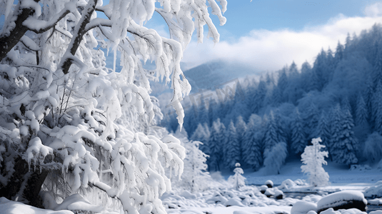 冬日冰雪覆盖的山林树木