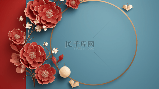 中国风框蓝色背景图片_中国风圆形花艺框创意背景8