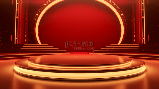 直播舞台背景背景图片_红色霓虹灯圆圈前的金色舞台背景18