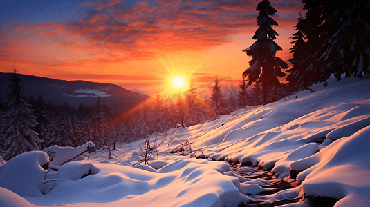 落日余晖中的雪山美景
