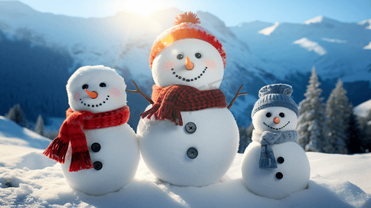 月季花和雪人摄影照片_冬日暖阳下雪地中的小雪人