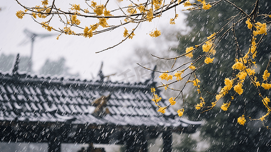 中式植物摄影照片_古典园林植物中式雪景