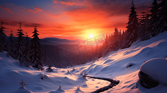 雪山日落摄影照片_落日余晖中的雪山美景