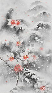 唯美冬景背景图片_国风冬天雪景大雪中的花枝意境背景