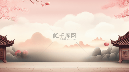 中国山水古建筑春节装饰边框背景13