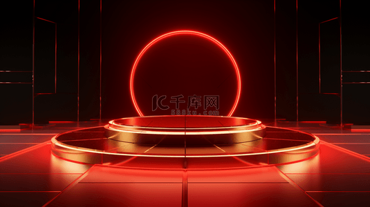半圆版块背景图片_红色霓虹灯圆圈前的金色舞台背景8