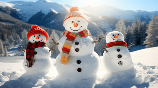 冬日限定摄影照片_冬日暖阳下雪地中的小雪人