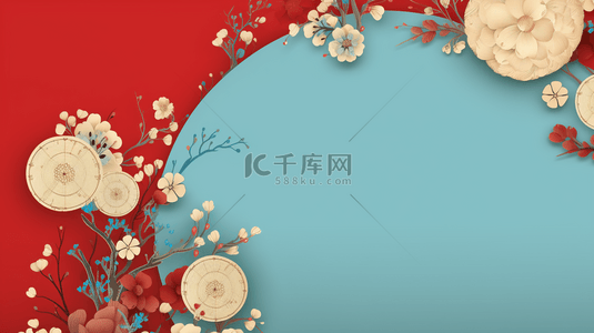 边框圆形红色背景图片_中国风圆形花艺框创意背景25