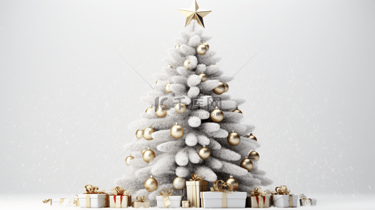 下雪礼物盒背景背景图片_被雪覆盖的圣诞树装饰和礼物盒装饰背景4