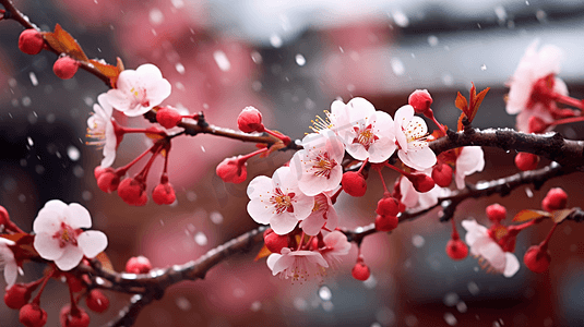 雪中梅花摄影照片_雪中盛放的寒梅特写