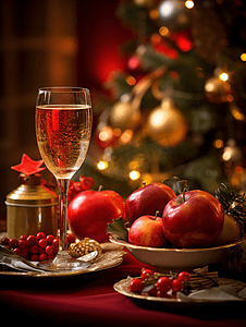 圣诞节晚餐摄影照片_圣诞节平安夜晚餐红酒苹果