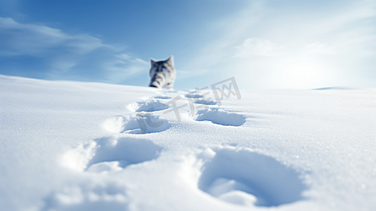 雪地中的猫咪和爪印