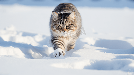 雪地中的猫咪和爪印