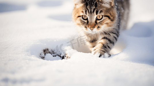 猫印摄影照片_雪地中的猫咪和爪印