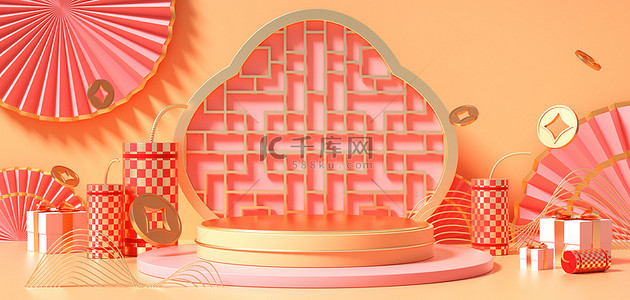 元旦促销电商背景图片_新年鞭炮促销场景c4d