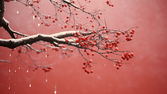 雪花新年摄影照片_红墙外雨雪中的浆果