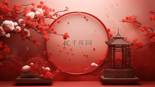 中国古典红色背景图片_中国风圆形花束唯美背景17