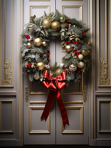 门上装饰背景图片_圣诞花环挂在门上15