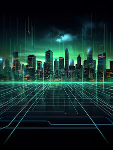 城市科技绿背景图片_城市轮廓科技线条绿色线绘5