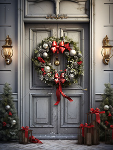 门上装饰背景图片_圣诞花环挂在门上6
