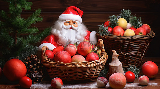 平安夜苹果背景图片_圣诞老人和篮子里的苹果13