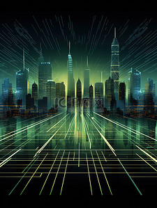 科技绘背景图片_城市轮廓科技线条绿色线绘14