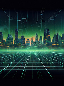 科技绘背景图片_城市轮廓科技线条绿色线绘13