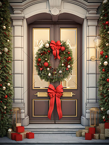 门上装饰背景图片_圣诞花环挂在门上13