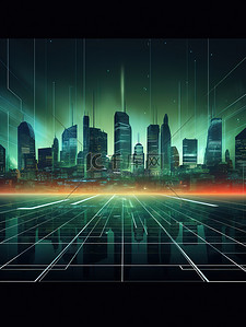 城市科技线背景图片_城市轮廓科技线条绿色线绘1