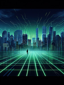 科技绘背景图片_城市轮廓科技线条绿色线绘4