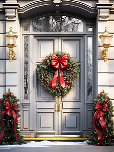 门上装饰背景图片_圣诞花环挂在门上3